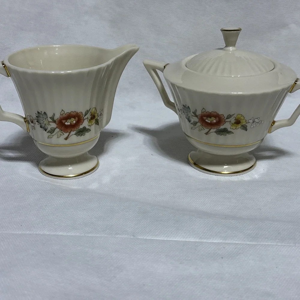 Lenox Temple Blossom Sugar Bowl W/ Lid & Creamer